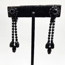 Vintage Unsigned Albert WEISS Jet Black Rhinestone w/ Dangles Clip-on Earrings
