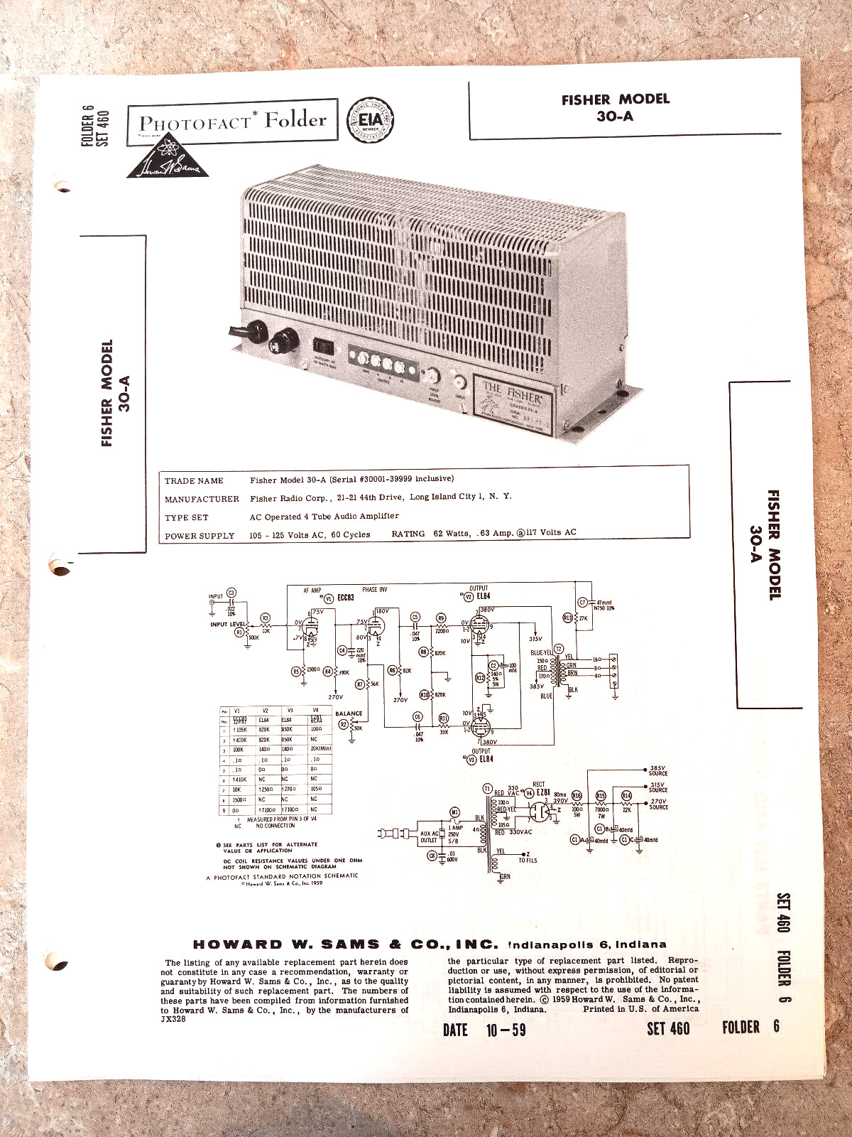 NOS Sams Photofact Folder 460-6 FISHER 30-A - AN EL84 Power Amp