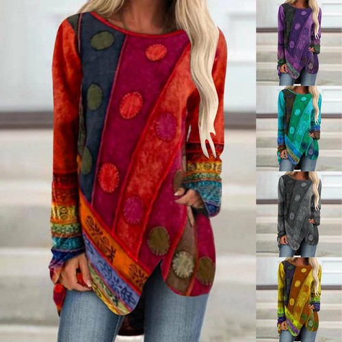 Ladies Loose Long Sleeve Boho Casual Tunic Tops Hippie T Shirt Womens Jumper - Picture 2 of 12