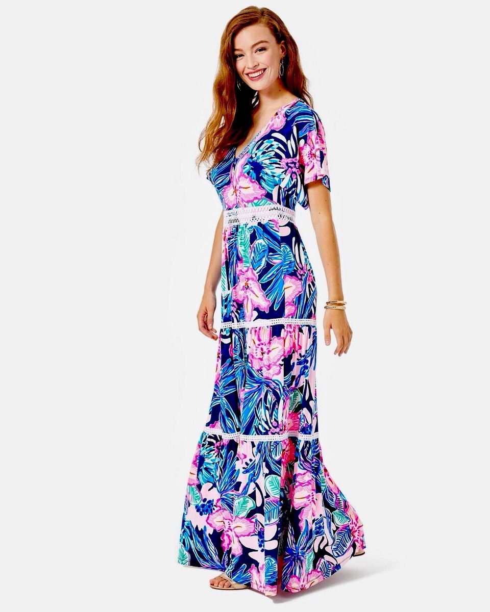 Lilly Pulitzer Maribella Maxi Dress (Size 12) (High Tide Navy Sugar Mambo)