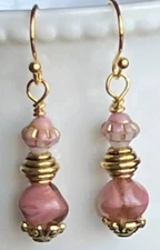 Etched Gold and Pink Picasso Bead Dangle Earrings. Boho Chic