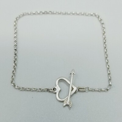 Vintage Sterling Silver Heart Arrow Bracelet 7 1/2 Inches Toggle Clasp 925