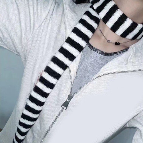 Y2K Punk Harajuku Style Striped Scarf Street Concave Knitted Slim Narrow Ribbon - Picture 17 of 31