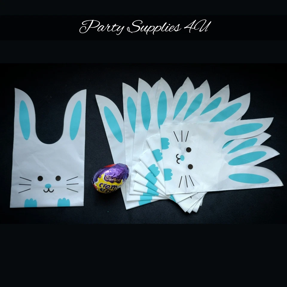 10pk Small Blue Easter bunny plastic bags Cookie/gift/sweets/treat/popcorn/eggs - Image 2 of 4