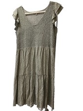 Loft SZ L Grey /White Stretch Bodice ￼ Polka Dot Rayon Ruffle Sleeves Dress