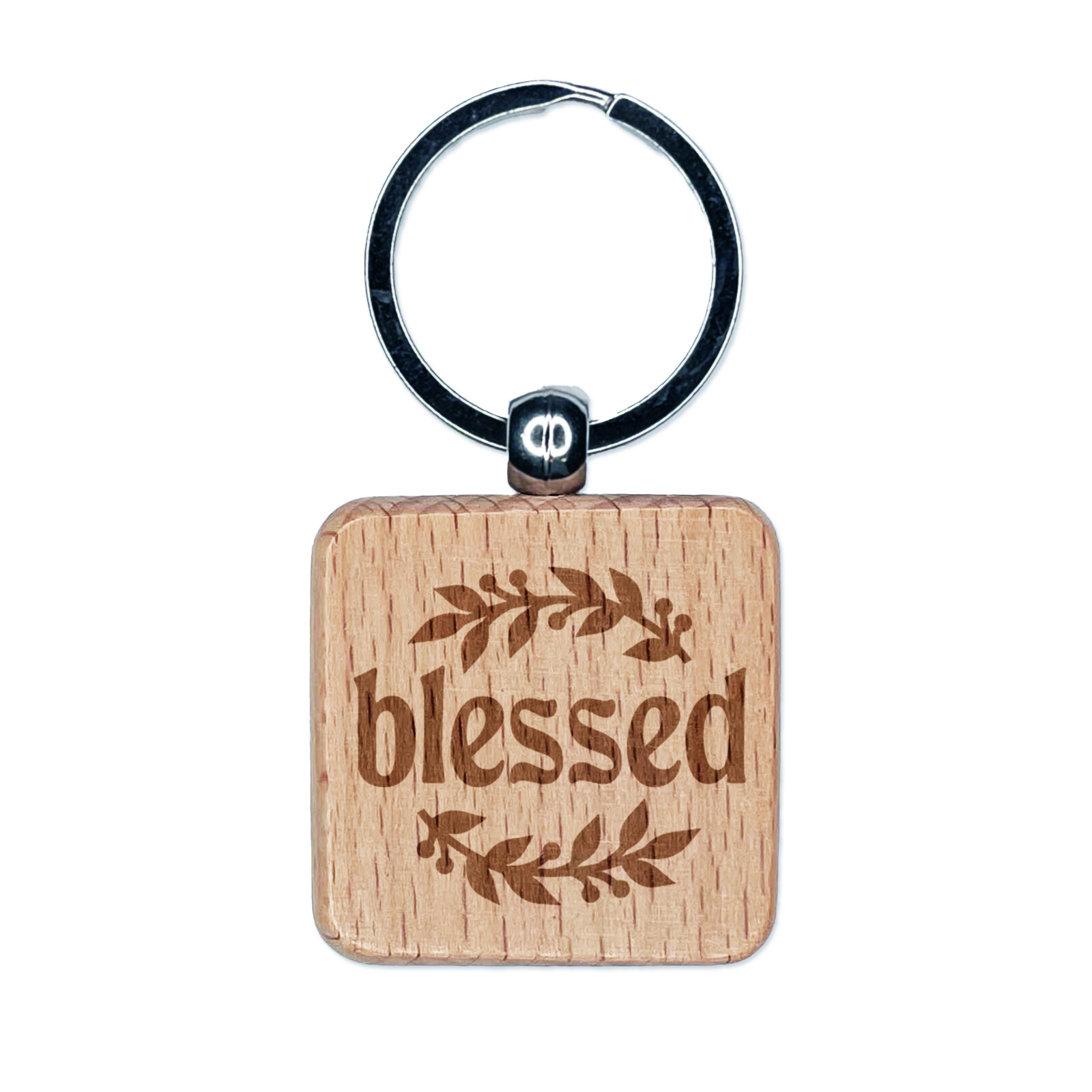 Blessed Leaf and Berries Engraved Wood Square Keychain Tag Charm