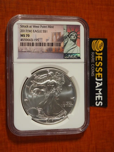 2017 (W) $1 AMERICAN SILVER EAGLE NGC MS70 STRUCK AT WEST POINT MINT LABEL