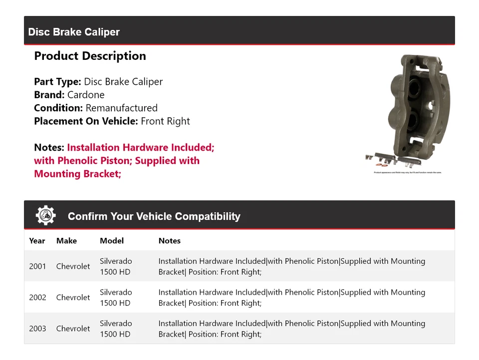 Pinza de freno de disco delantera derecha Cardone para Chevrolet Silverado 1500 HD 2001-2003 Foto 2 de 4
