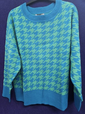 NEW Hounds Tooth Jumper Crew Neck Long Sl Blue Green Soft Size L 14 ORP $89.99