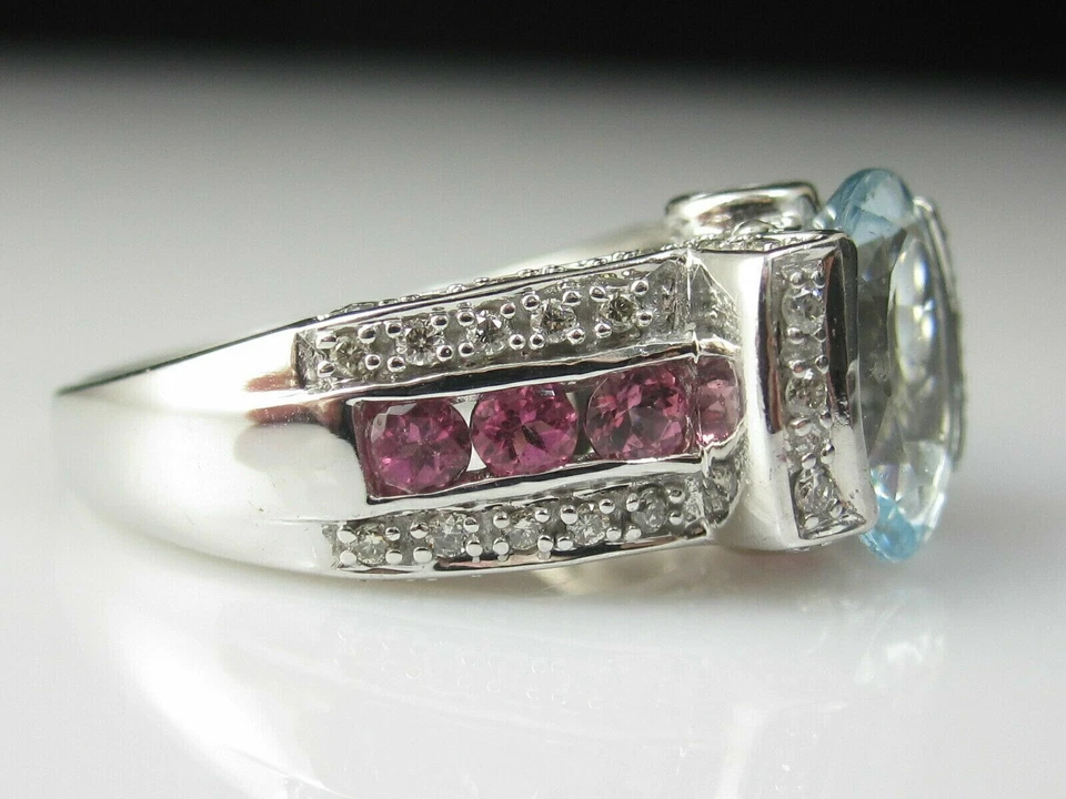 Anillo de boda único de diamantes y turmalina rosa aguamarina de 2 quilates de oro blanco de 14 quilates Foto 2 de 4