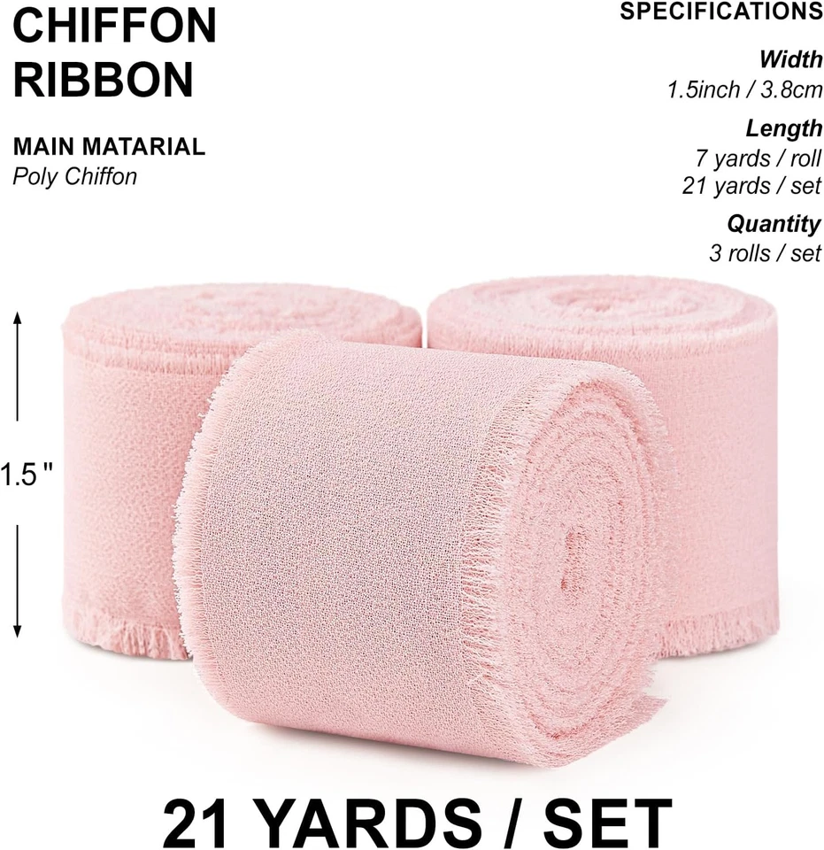 Blush Pink Chiffon Ribbon 1.5 Inch X 3 Rolls Total 21 Yards Handmade Fringe Silk - Image 2 of 4