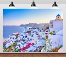 7x5ft Santorini Greece Backdrop, Oia Village, Blue Dome, Mamma Mia Party Decor