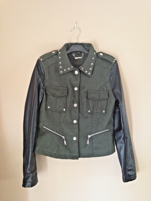 J2 MOTO Faux Leather JACKET Spiked Collar Green & Black JUNIOR M WOOL
