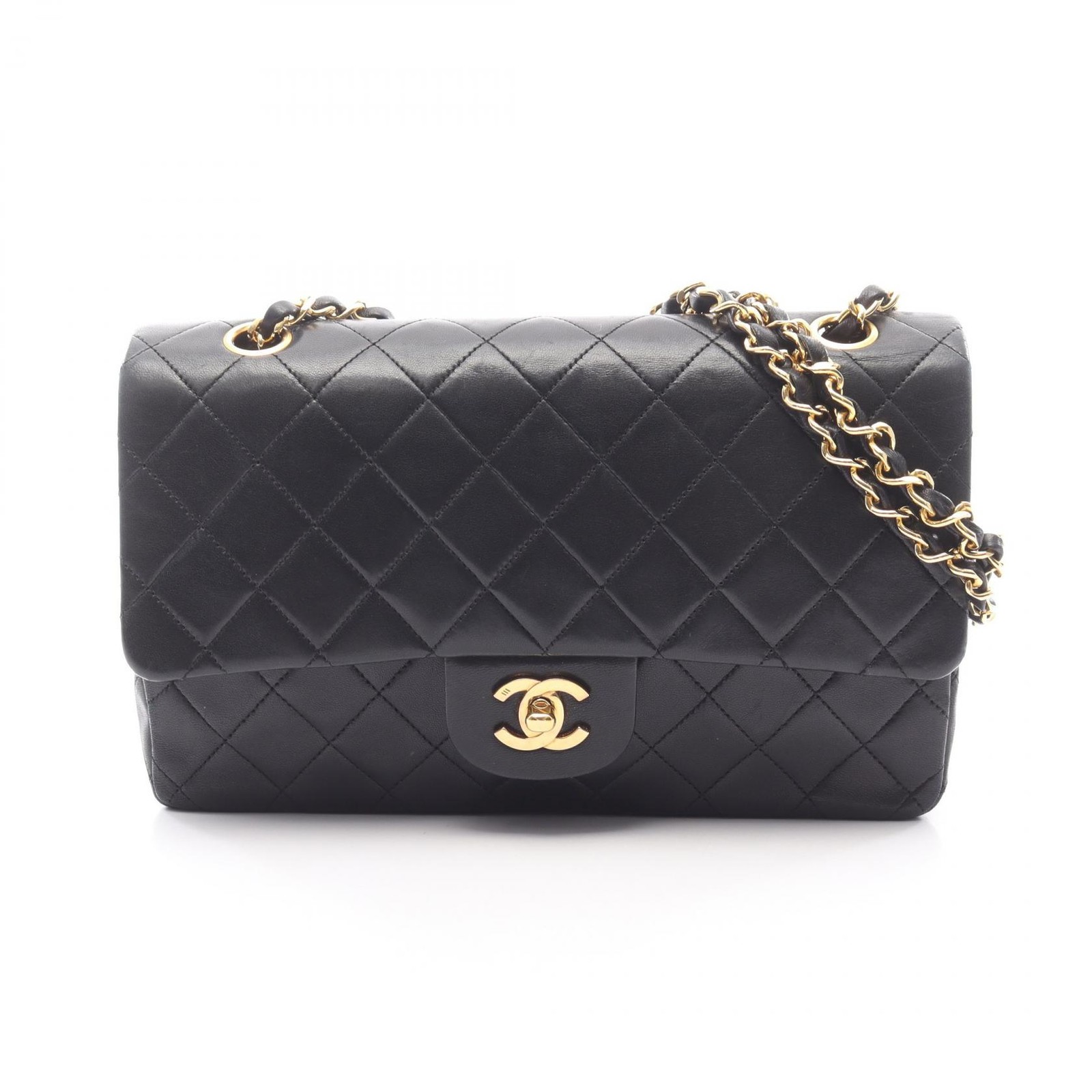 CHANEL Matelasse W flap Chain Shoulder Handag A01112 Lamb leather Black GHW Used