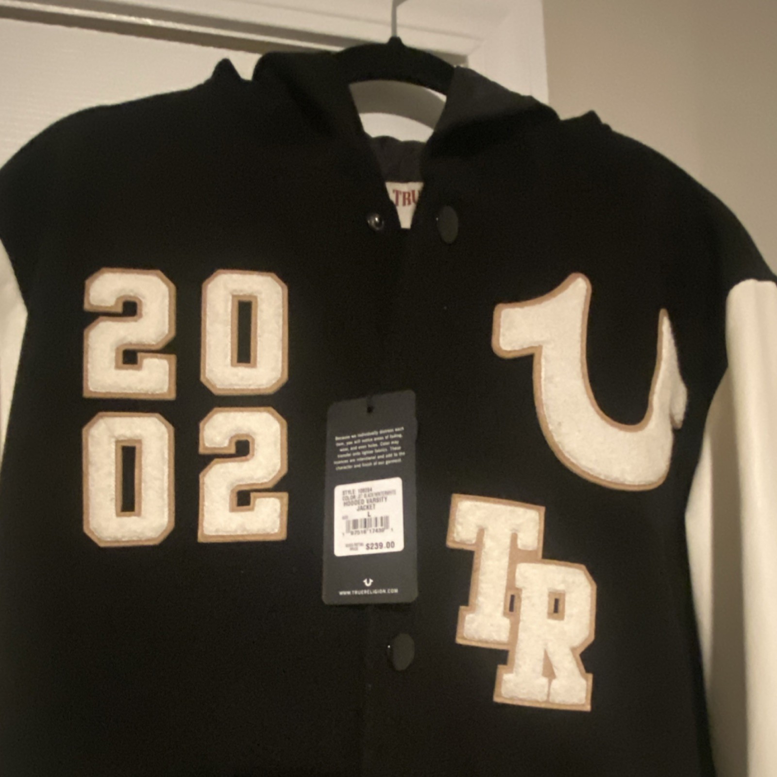 Mens True Religion Hooded Varsity patch Jacket black white/gold NWT $239 Sz L thumbnail 2