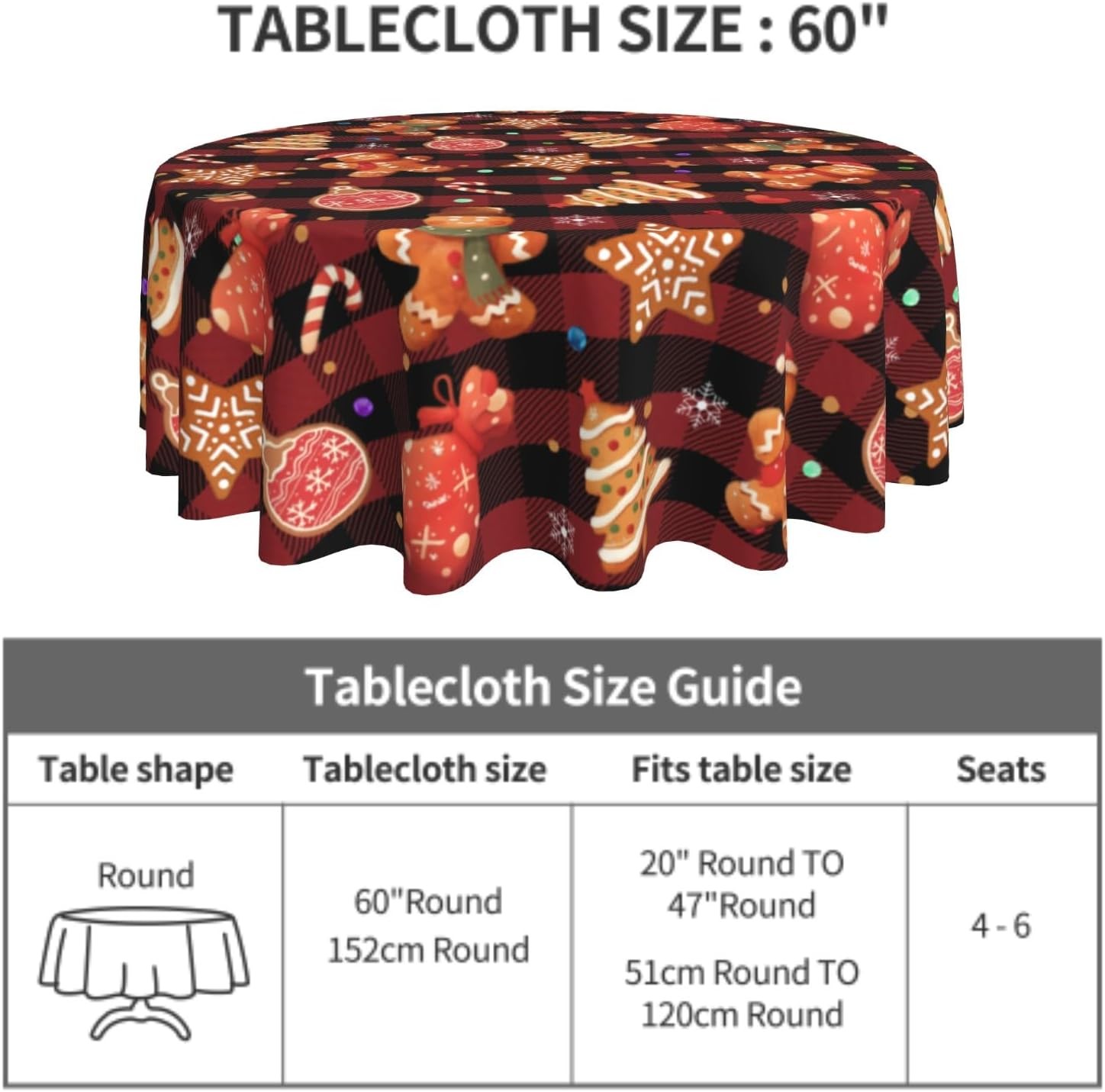 Giwawa Gingerbread Man Round Tablecloth for Kitchen 60 (Round), 