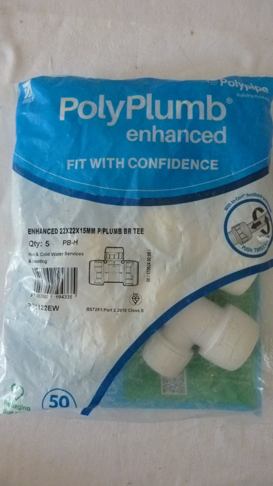 5 x Polyplumb PB1122 Branch Reducing Tee 22 x 22 x 15mm Polypipe White New