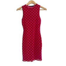 Nastygal Checkered Print Mesh Mini Dress Womens Size 2 Pink Y2K Casual Summer