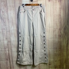 Peace Love World Tan Pants with Red Stitching