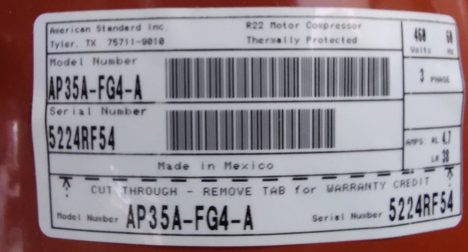 Trane AP35A-FG4-A Reciprocating Compressor, R22,  460V 3 Phase 3 Ton - Image 2 of 2