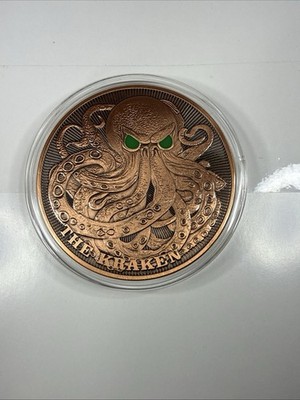 The Kraken 5oz .999 Fine Copper Round Octopus Nautical Design Glow In Dark Eyes