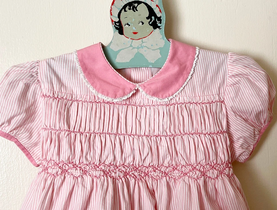 Vestido de Fiesta Vintage Polly Flinders Niña Rosa Rayas Calado a Mano Talla 3T Algodón Foto 2 de 4