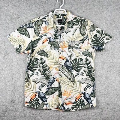 Rip Curl Hawaiian Shirt Mens XL Toucan Tropical Palm Leaf Button Up Cottonn
