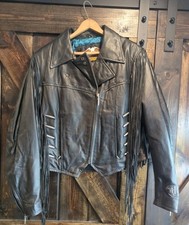 Vtg Women&rsquo;s Harley-Davidson Genuine Black Leather Zip Jacket Fringes Size M