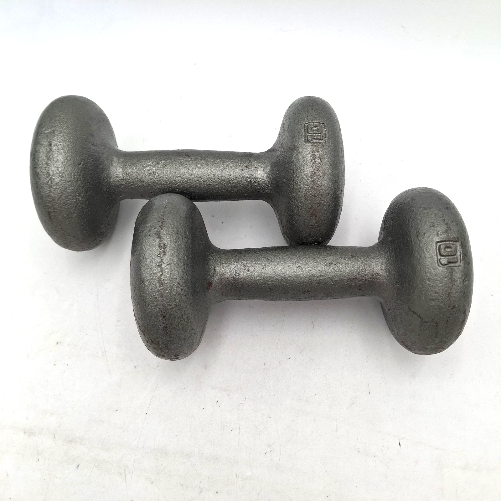 Vintage Set of 10 Lbs Dumbbells Bun Round Head Cast Iron 20 Lbs Total Silver