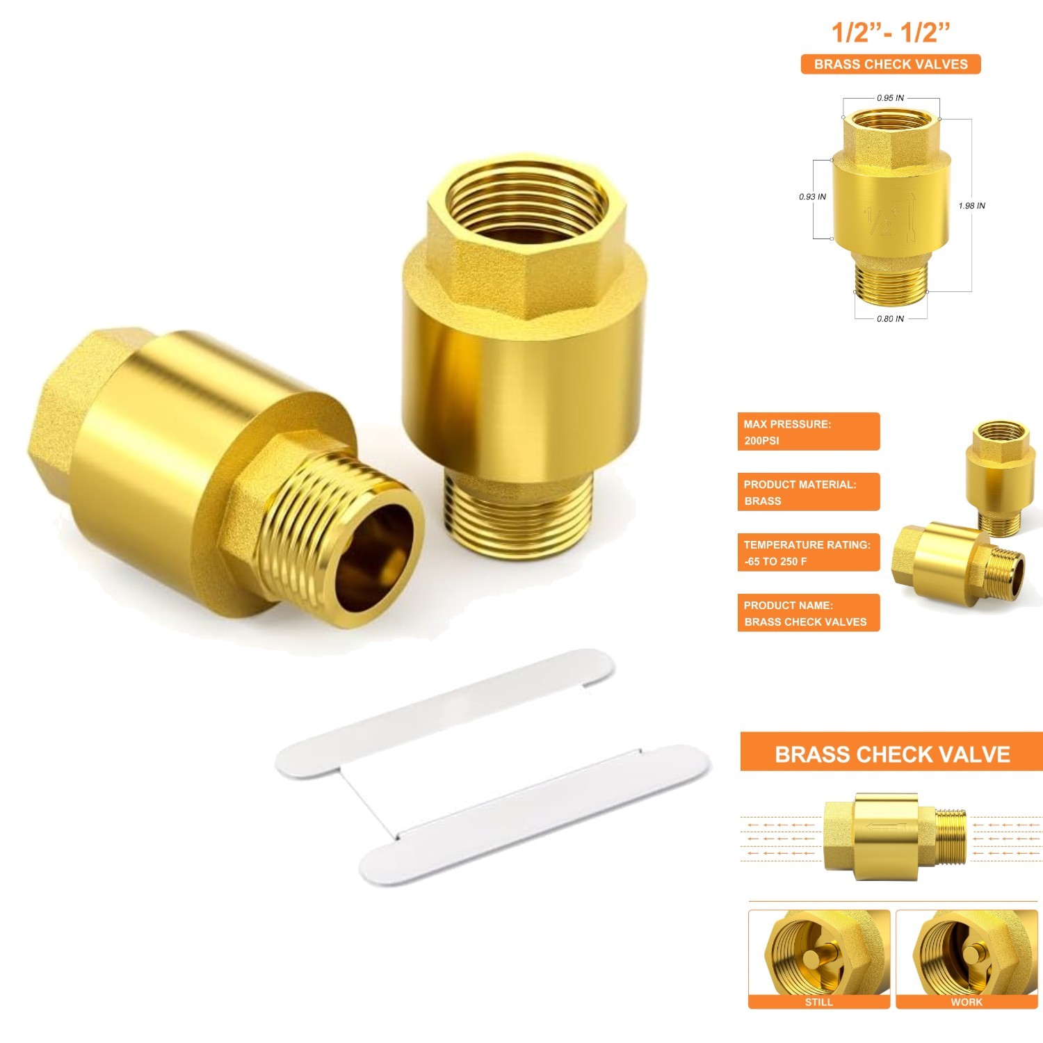 2PCS Brass Check Valve 1/2" NPT Male to Female One Way Backflow Prevention Valve