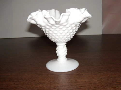 Vintage Fenton Hobnail Milk Glass Ruffled Edge Compote Pedestal Vase NICE!!!