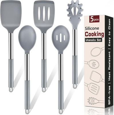 5Pcs Silicone Cooking Utensils Set, Heat Resistant Kitchen Tools Include Solid&S