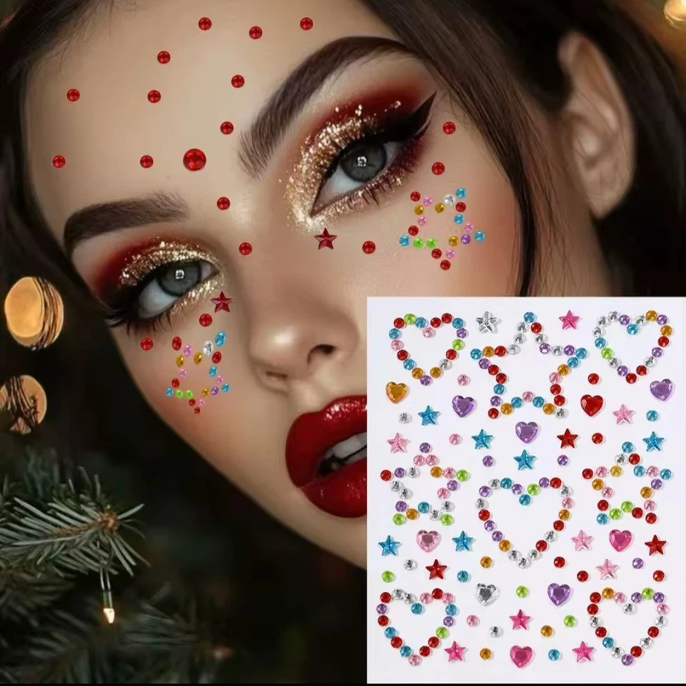 Face Gems Adhesive Stars Hearts 3D Jewel Tattoo Festival Party Body Sticker UK