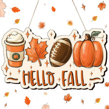 Hello Fall Door Sign 13.8 X 7.9 , Thanksgiving Hand-Painted Wooden Fall Hanging