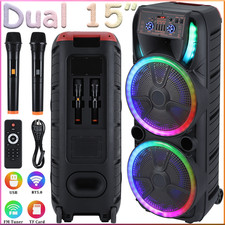 Dual 15" Portable Bluetooth Speaker Subwoofer Party DJ Karaoke FM LED w/ 2 Mics
