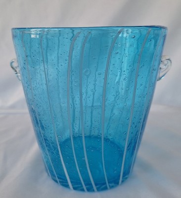 Venini Handblown Blue & White Splatter Bubble Glass Ice Bucket w/ Handles Italy