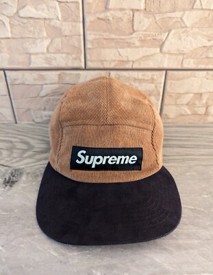 Supreme vintage Velvet Camp Cap Hat Brown black 5 Panel Logo