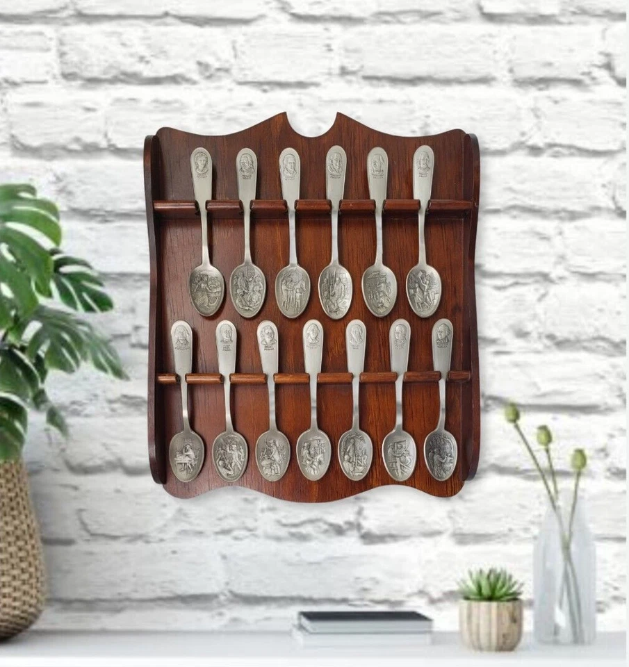 Franklin Mint Bicentennial Set 13 Sculpted Pewter Spoons & Wood Display Case - Image 2 of 4