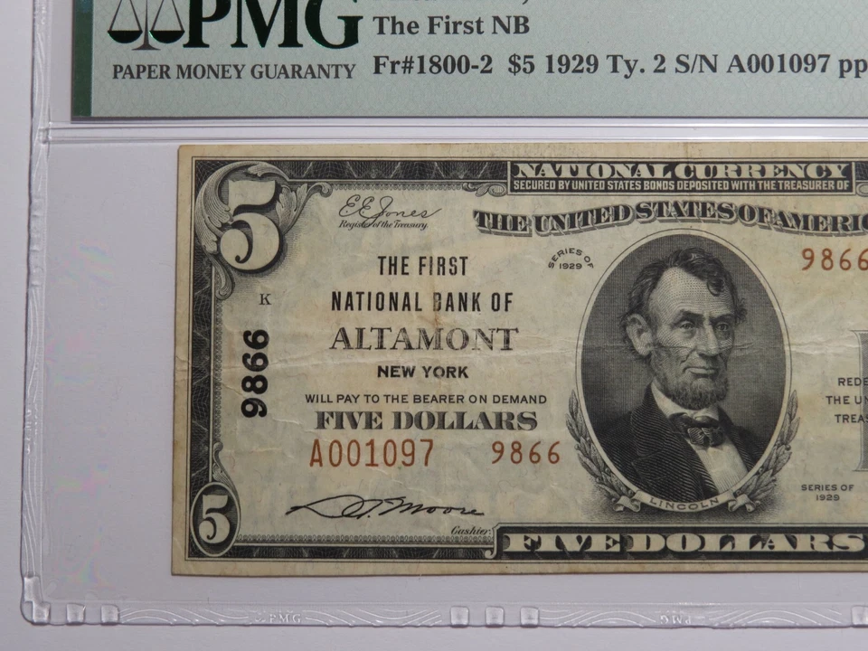 $5 1929 Altamont New York NY National Currency Bank Note Bill Ch. #9866 VF30 - Image 3 of 4