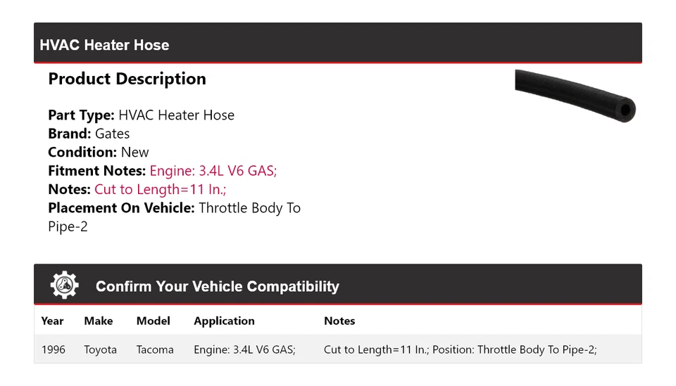 Para Toyota Tacoma 1996 HVAC calefacción manguera acelerador cuerpo a tubería-2 puertas Foto 2 de 4
