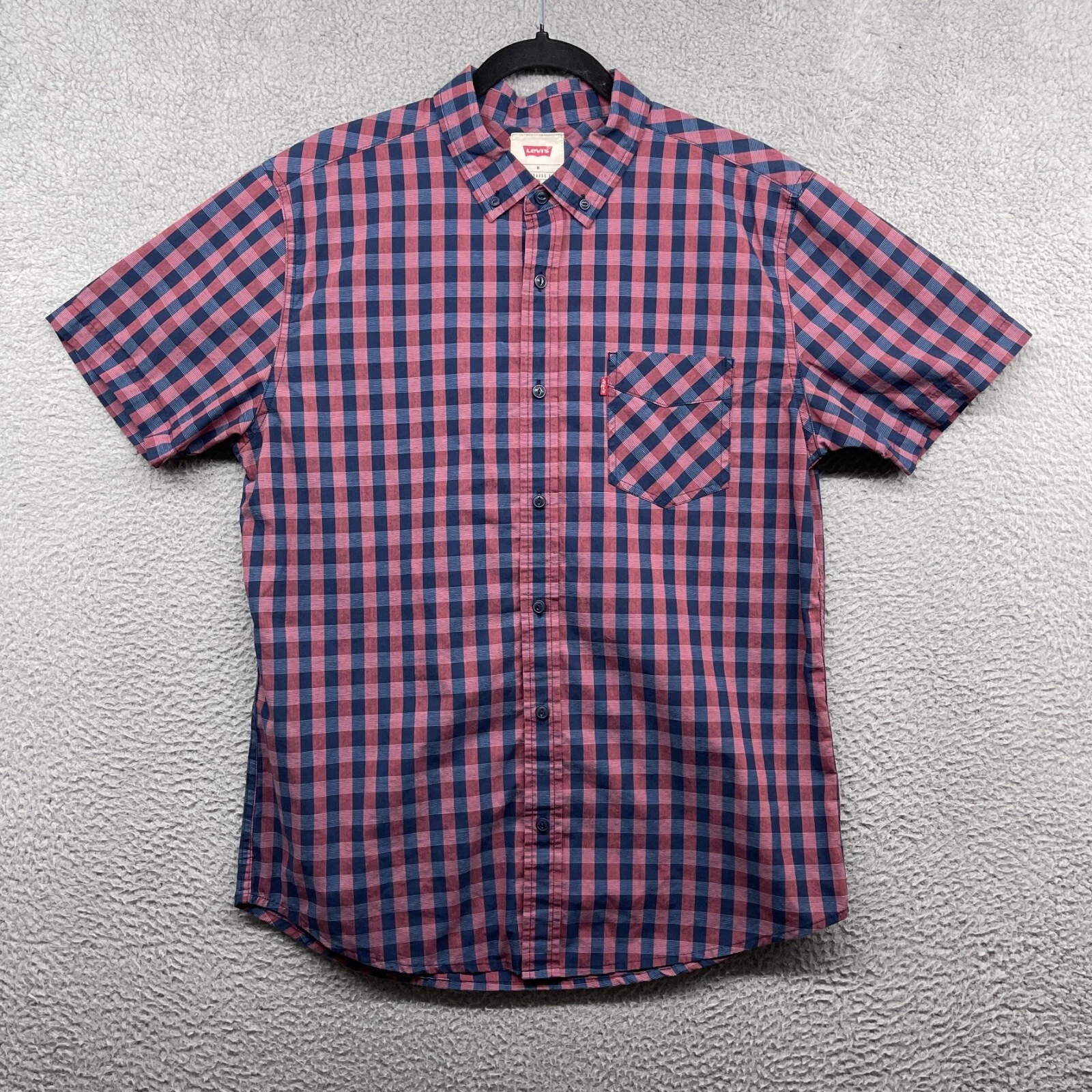 Levis Mens Button-Down Shirt Check Pink Blue Short Sleeve Collar Pocket Size M