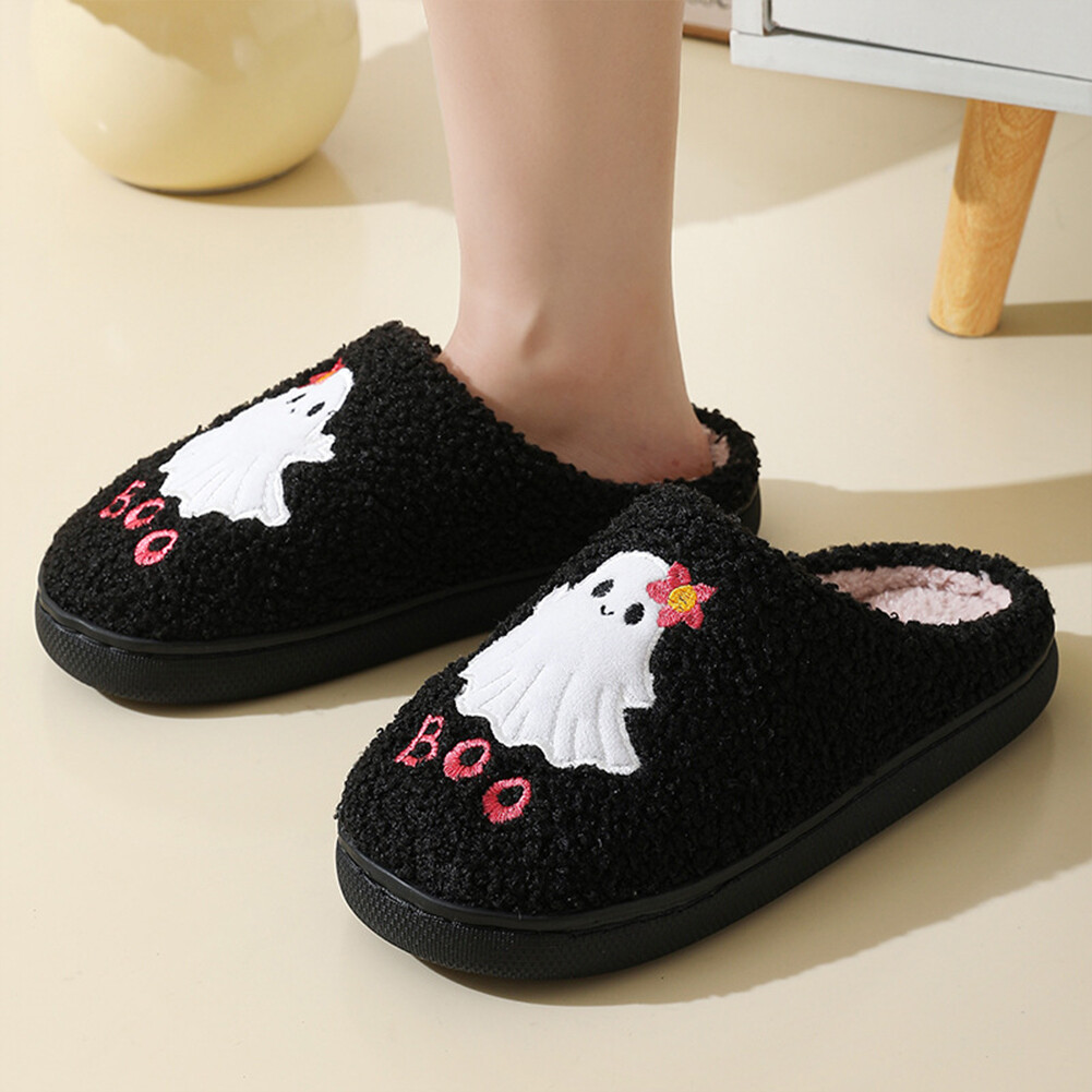 APL Halloween Ghost Plush Slippers Flat Thermal Slippers Anti Slip for Men Women