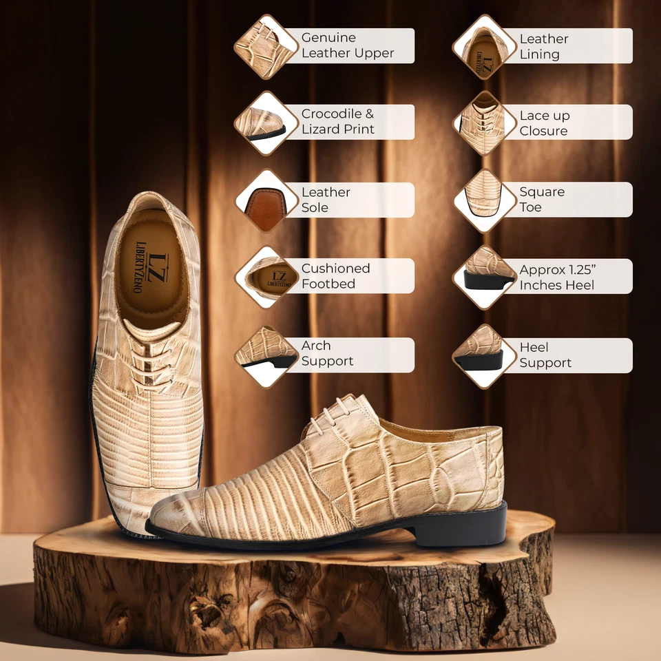 Zapato de vestir formal Oxford con estampado de cocodrilo y lagarto de cuero genuino LIBERTYZENO para hombre Foto 3 de 4