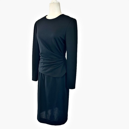 Vintage David Warren Black Wool Blend Peplum Ruching Cocktail Dress Size 6 LBD - Picture 3 of 9