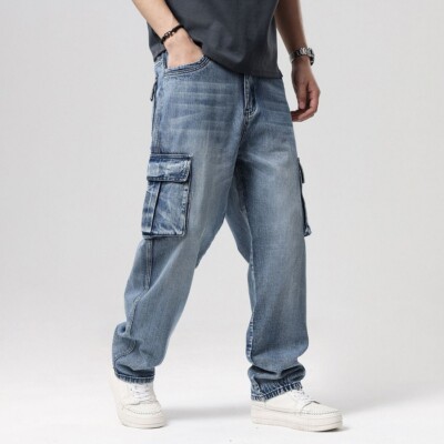 Mens NEW Cargo Jeans Blue Washed Denim Pants Big Pockets Long Size 31 to 46  | eBay