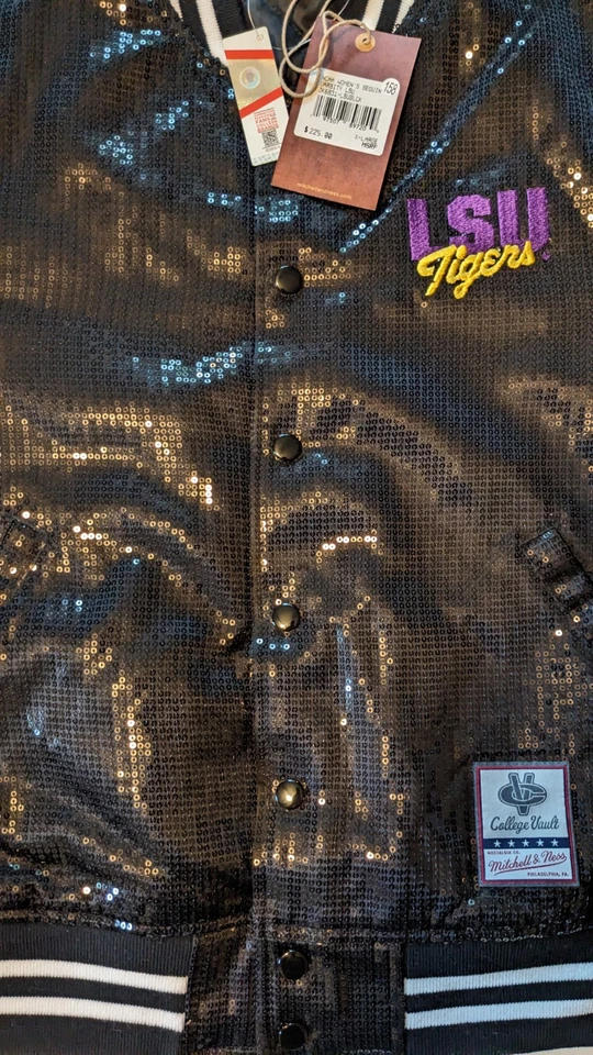 Chaqueta de bombardero Mitchell & Ness College Vault LSU Tigers XL lentejuelas para mujer nueva con etiquetas Foto 3 de 4
