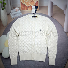 POLO RALPH LAUREN Women  s White S Cable Knit Cardigan Sweater Pony Logo NWT