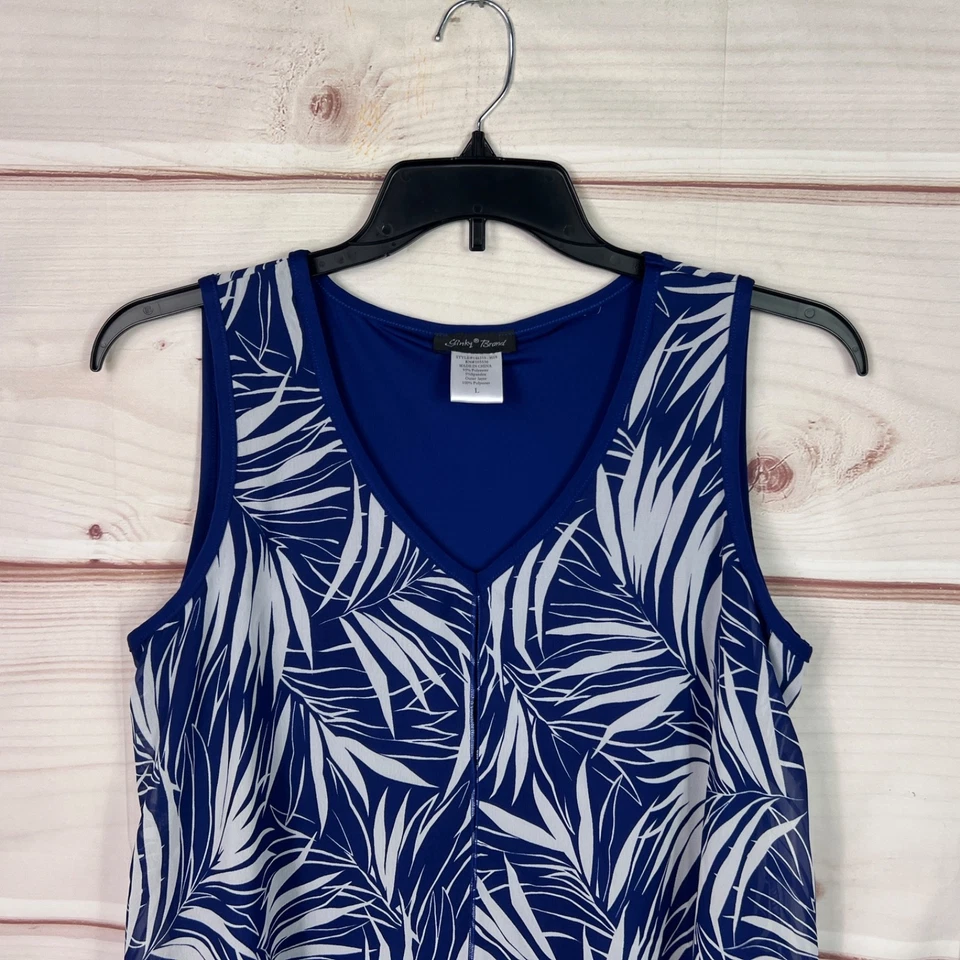 Top de mujer marca Slinky L azul con estampado de palma fronda sin mangas de gasa túnica en capas cuello en V Foto 2 de 4