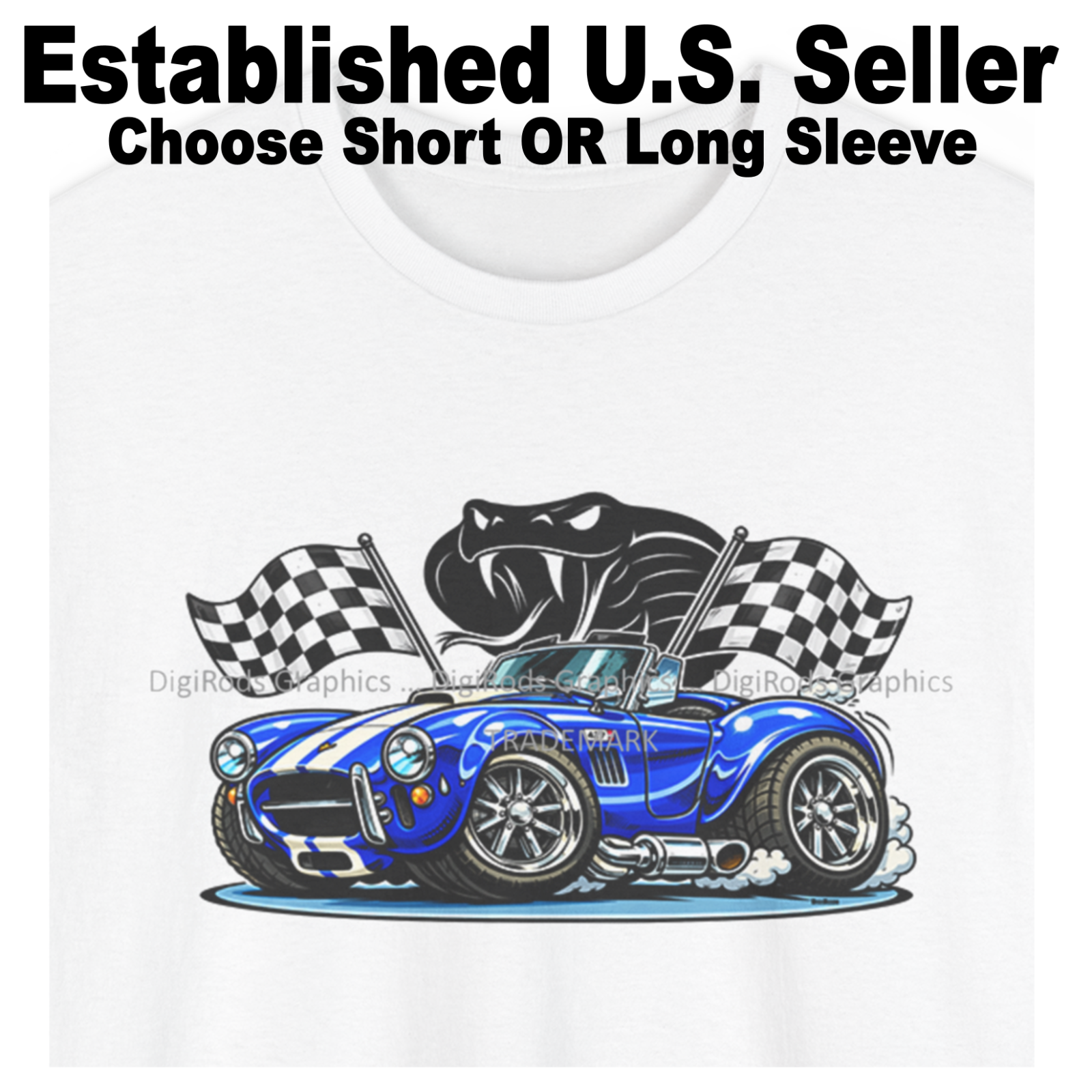 Retro Racing Checkers DigiRods AC Shelby Cobra 427 Blue Vintage Racing Model Cartoon Car T ...