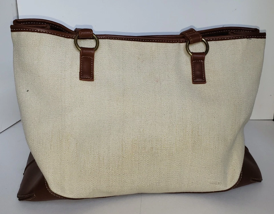 Bolsa tote vintage Coldwater Creek couro lona marrom creme borboleta GG - Imagem 4 de 4